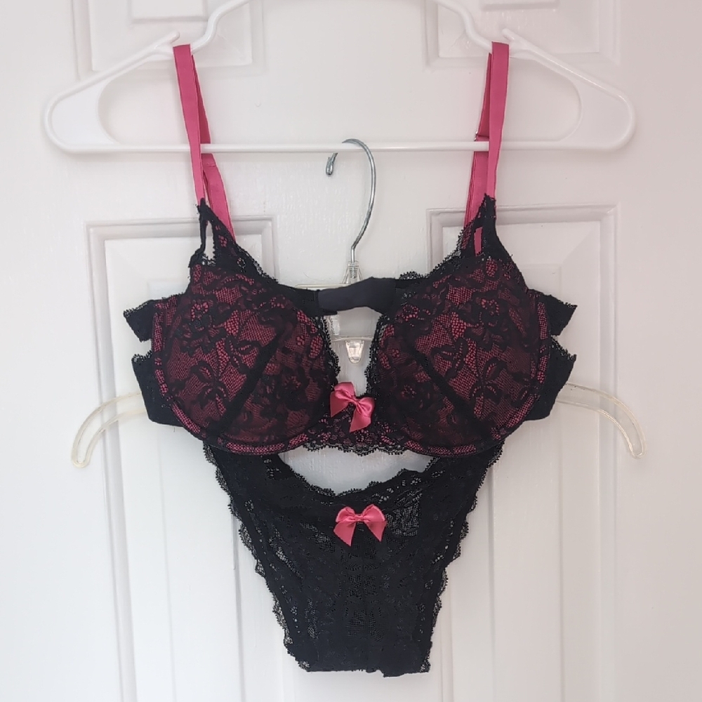 Adore Me Black and Pink Lace Bra Set